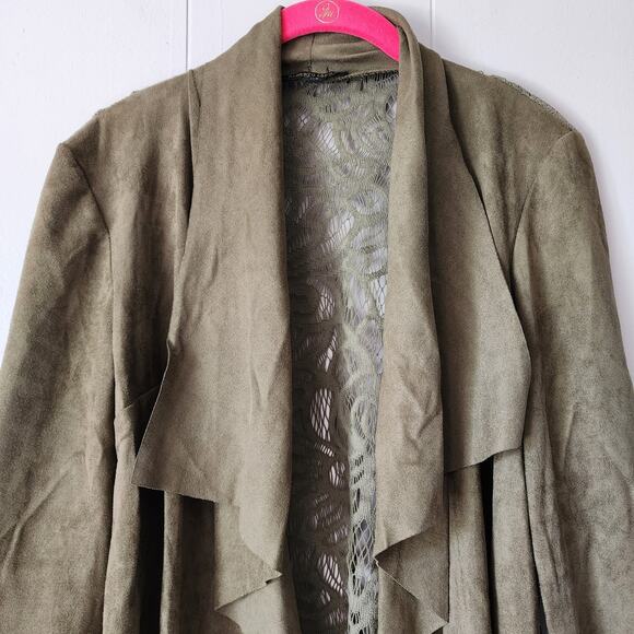 Alberto Makali Boho Western Lace Faux Suede Leather Draped Green Cardigan XS - Picture 2 of 8